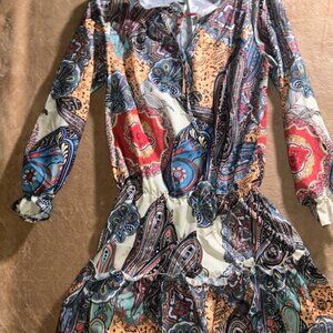 Misslook Women XL Paisley BOHO Smocked Drop Waist Ruffled Stretch Mini Dress (V)